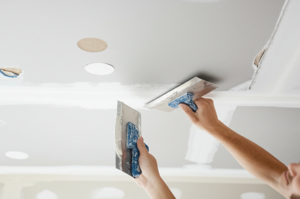 Worker repairing ceiling
