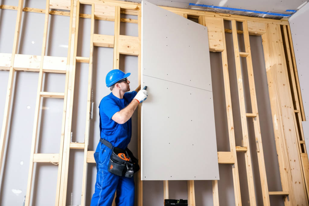 Professional installing drywall