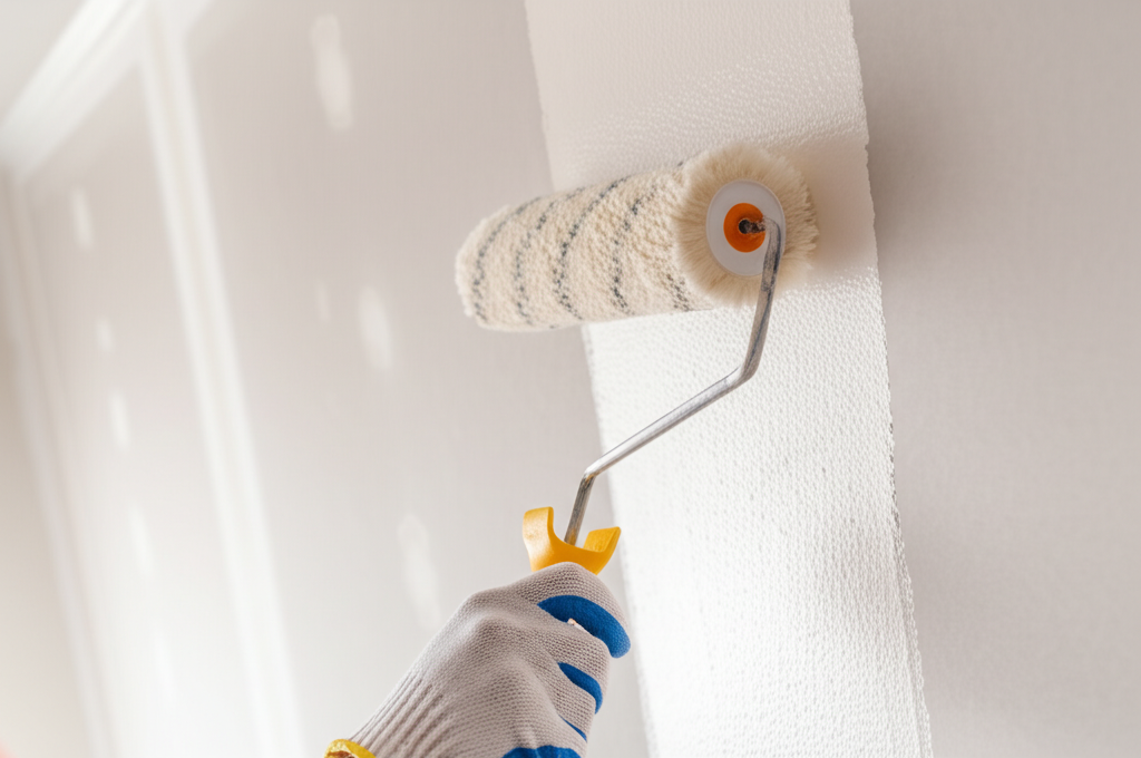 Worker painting finished drywall