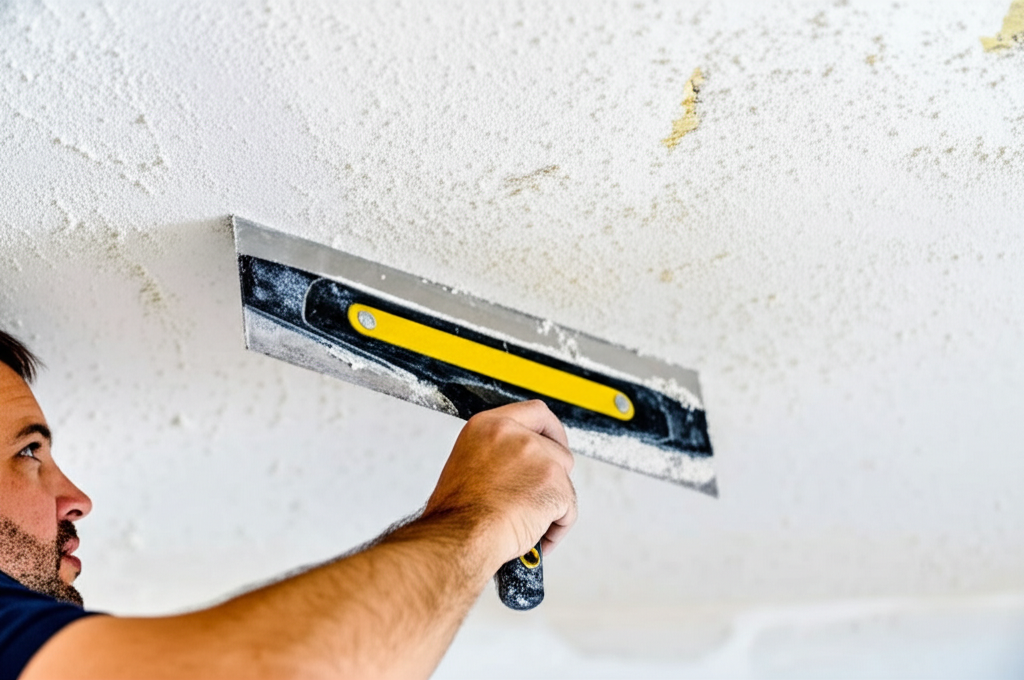 Worker removing popcorn ceiling